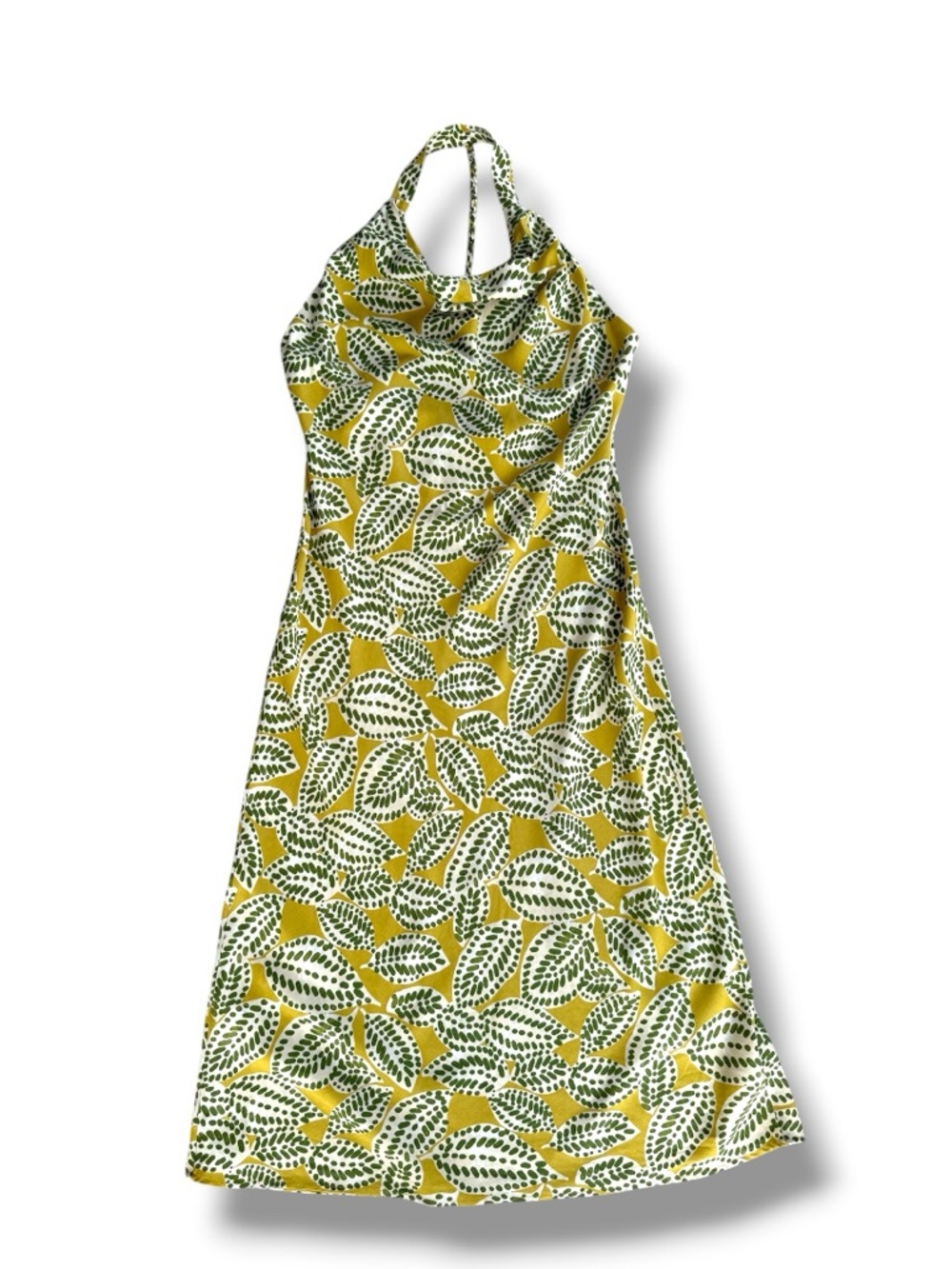 NWT Zara Green /Yellow Linen Blend Leaf Print Backless Halter Midi Dress Size XL - Picture 2 of 14